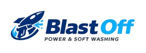BlastOff Power and Soft Washing logo featuring a blue rocket with water spray design